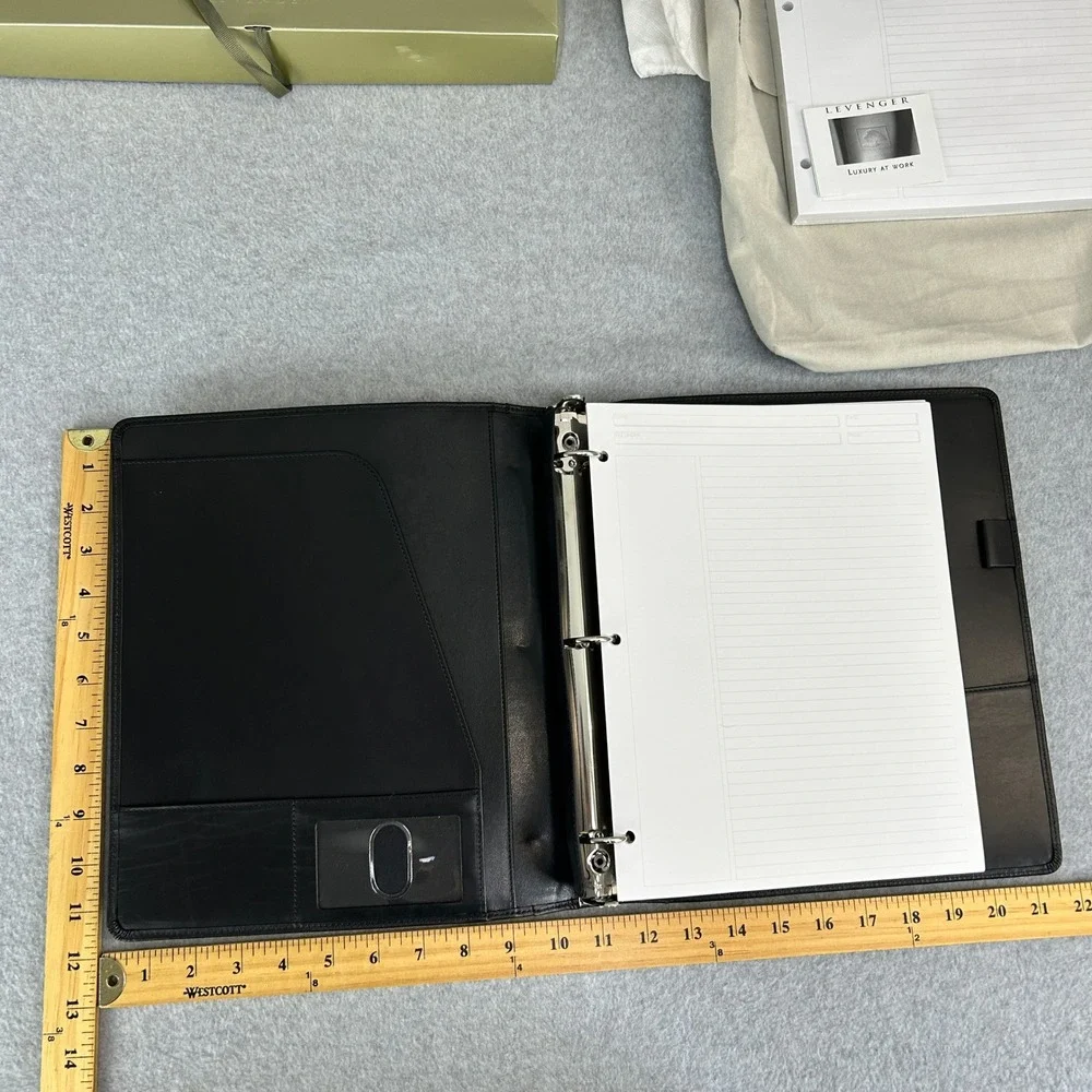 Levenger Leather 3-Ring Binder Organizer Black Refill Paper Box Dust Bag Large